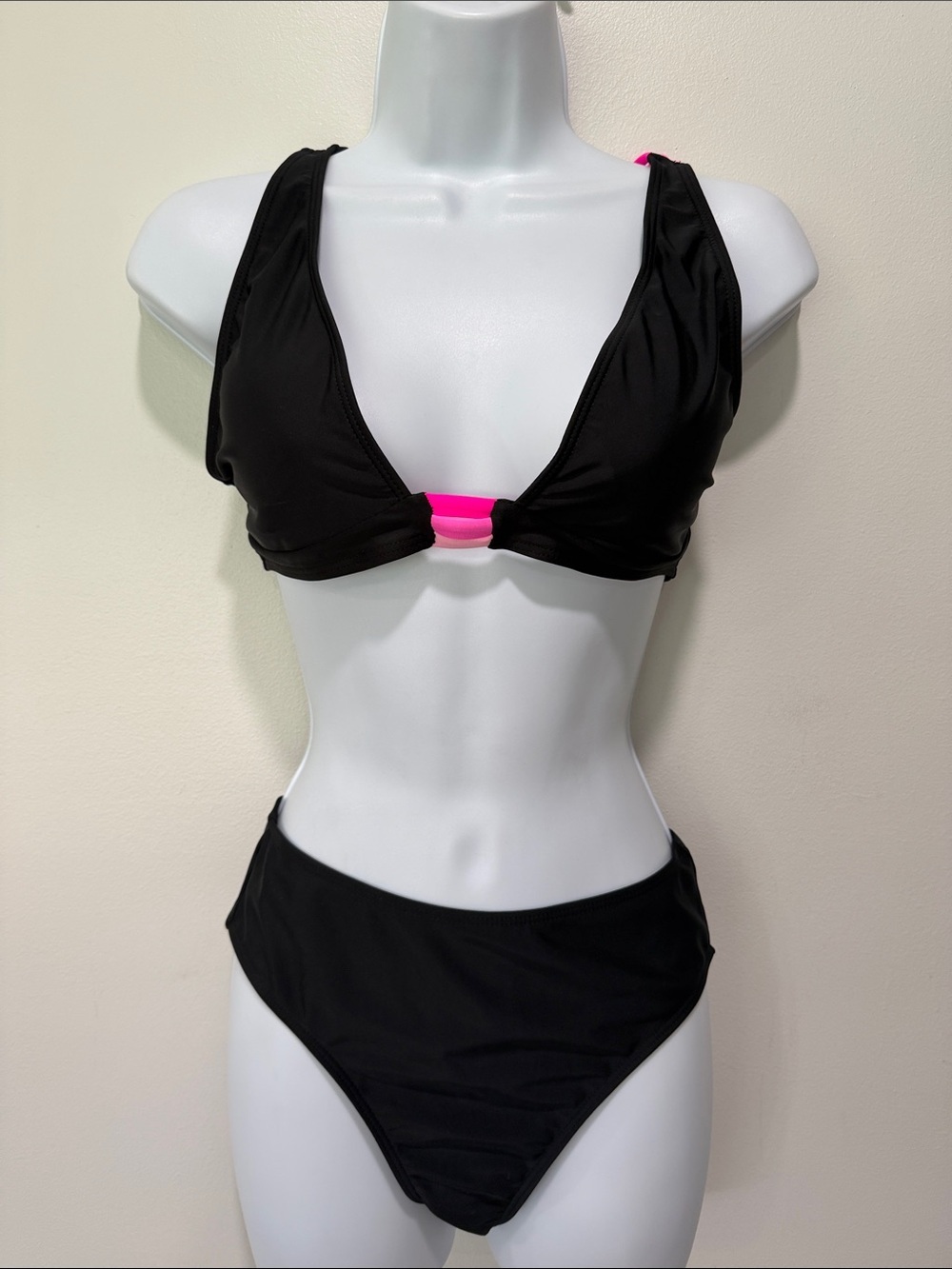 Women's Black Bikini Set with Hot Pink Accent